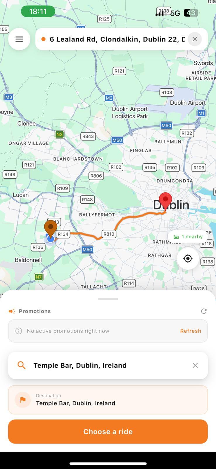 PowerCabs app screen showing a route from Dublin Airport to Temple Bar